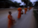 Buddhist Monks Walking to the Temple in the Early Morning