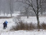 Two Women Cross Country Skiing in Falling Snow