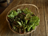 Basket of Organic Greens Sits on a Wooden Table