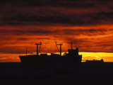 Silhouetted Cargo Ship Off of Baffin Island at Sunset