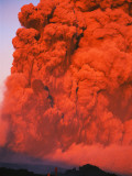 Two People Watch Mile High Red Smoke and Lava from Fissures