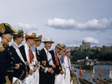 School Coxswains Standing by River Wear Costumes and Straw Hats
