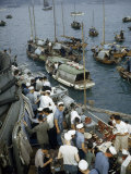Vendors from Sampans Set Up Shop Aboard Destroyer in Hong Kong Harbor
