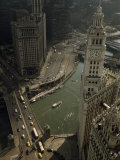 View of Wrigley Building  Michigan Avenue Bridge  and Chicago River