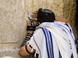Western Wall  Jewish Man Wearing a Prayer Shawl "Talit" and Phylacteries or Tefillin
