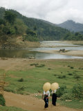 Shy White Thai Women Walking Dirt Road Hide Faces with Straw Hats