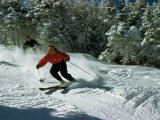 Skiers Heading Downhill Cut Through Powdery Snow
