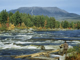 Man Standing on Riverbank at Abol Falls Looks Toward Mount Katahdin