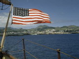 American Flag Flies on Stern of Boat Anchored Off Ponta Delgada