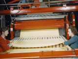 Women Pull Large Sheets of Finished Paper from a Cutting Machine