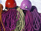 Brightly Colored Climbing Helmets and Ropes at a Base Camp in Alaska