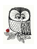 Retro Black and White Owl with Ladybug