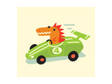 Orange Dino in Green Racecar