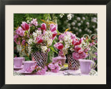 Vases of Pink Tulips and Blossom on Table Laid for Coffee