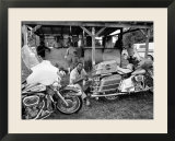 Black Motorcyclist of the Big Circle Motorcycle Association Sitting Between Harley Davidson Bikes