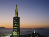 Buildings Lit Up at Dusk  Transamerica Pyramid  Coit Tower  San Francisco  California  USA