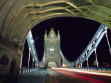 Night Time Traffic Crosses Tower Bridge in Central London
