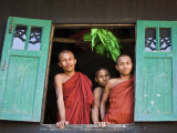 Burma  Rakhine State  Sittwe  Three Novice Monks Look Out of their Dormitory Window at the Pathain 