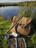 Wales  Conwy  A Trout Rod and Fly Fishing Equipment Beside a Hill Lake in North Wales  UK