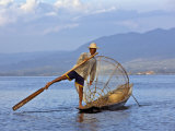 Intha Fisherman with a Traditional Fish Trap  Using Leg-Rowing Technique  Lake Inle  Myanmar