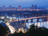 Lights Illuminating Podil District and Dnieper River Area at Night  Kiev  Ukraine  Europe