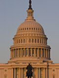 Statue in Front of the Dome of the US Capitol Building  Evening Light  Washington DC