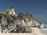 View of Tulum Beach with El Castillo in the Mayan Ruins of Tulum in the Background