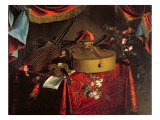 Still Life of Musical Instruments on a Table with Flowers