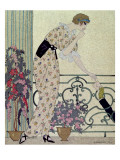 Gazette du Bon Ton  Costume  "N'en Dites Rien"  a Lady Standing on a Balcony Receiving a Letter