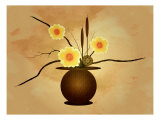 Three Yellow and Red Flowers in Vase with Cattail and Lotus Flower