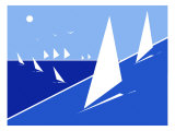 Sun Shines over Blue Ocean Dotted with Light Skiffs