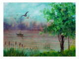 Person in Small Boat on River  Birds Soar