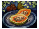 Assorted Fruit  Papaya  Plum  Pear Presented on Blue Platter Covered with Ivy