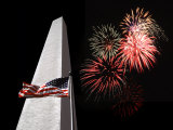 Collage of the Washington Monument  American Flag  and Fireworks