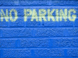 Painted Blue Brick Wall with No Parking Sign