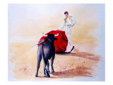Matador Holds Red Cape Up to Bull