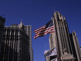 American Flag Near the Wrigley Building and Tribune Building