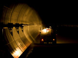 Long Row of Solar Reflectors are Cleaned at Night