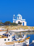 Fishing Boats with a Chapel in Background  Chios Island  Greek Islands  Greece  Europe