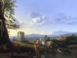 An Italianate Landscape with Peasants and a Pack Mule Watering  probably 1660s