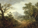 Wooded Landscape with Figures  Bridge  Donkeys  Distant Buildings and Mountain