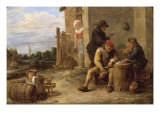 Three Boors Smoking at a Table outside a Building