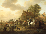 A Detachment of Cavalry with a Coach and other Soldiery outside a Harbourside Inn  1777