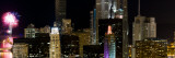 Skyscrapers and Firework Display in a City at Night  Lake Michigan  Chicago  Illinois  USA