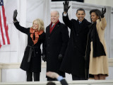 Barack Obama  Joe Biden and Their Wives Wave During the Inaugural Celebration at Lincoln Memorial