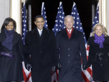 Barack Obama and the Joe Biden  Along with Their Wives  are Introduced at the War Memorial Plaza