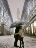 Couple Kiss Each Other During a Snowfall in Florence  Italy