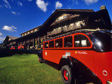Red Jammer Buses Parked in Front of Glacier Park Lodge in East Glacier  Montana  USA