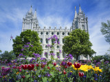 View of Lds Temple with Flowers in Foreground  Salt Lake City  Utah  USA