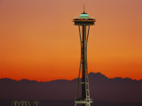 Space Needle and Olympic Mountains at Dusk  Seattle  Washington  USA